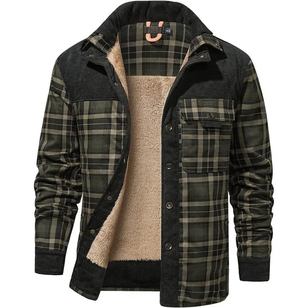 Men's Army Green Long Sleeve Sherpa Lined Flannel Shirt Jacket Fleeces